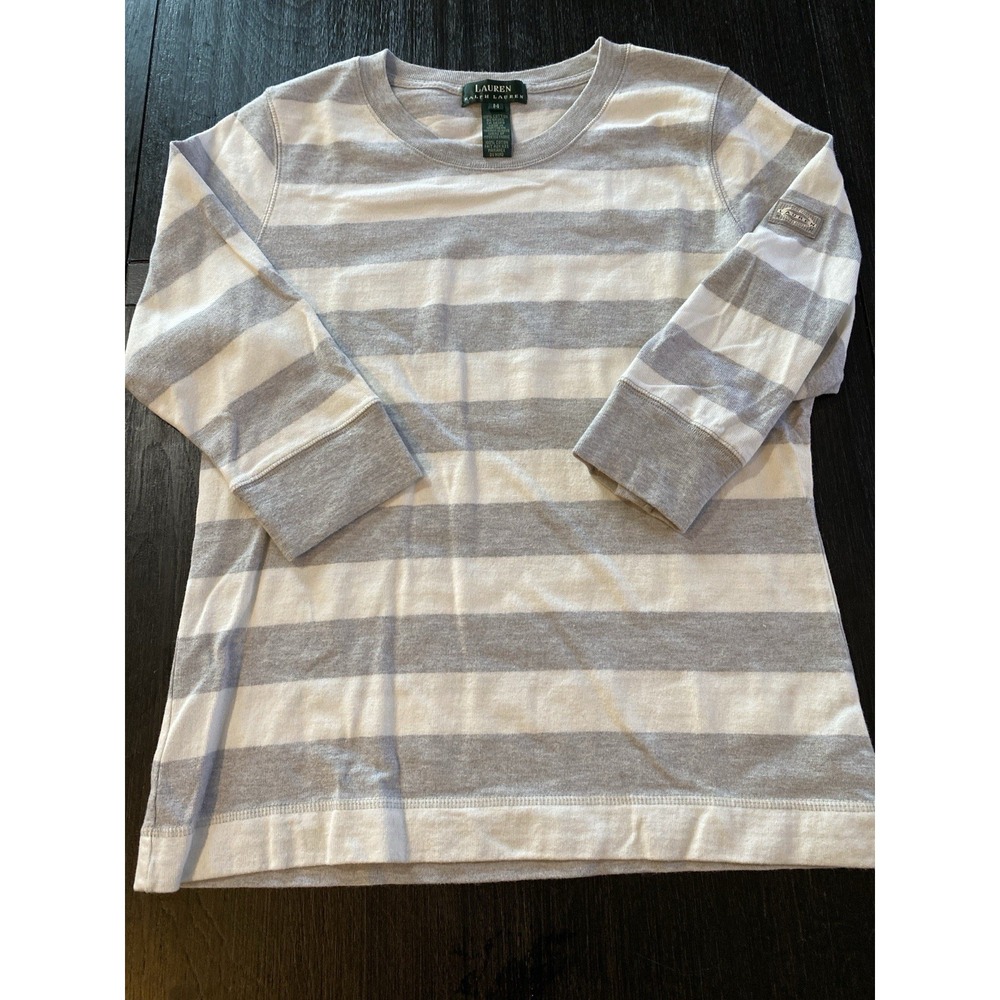 Lauren Ralph Lauren Women's Medium Gray Cream Striped Long Sleeve Top